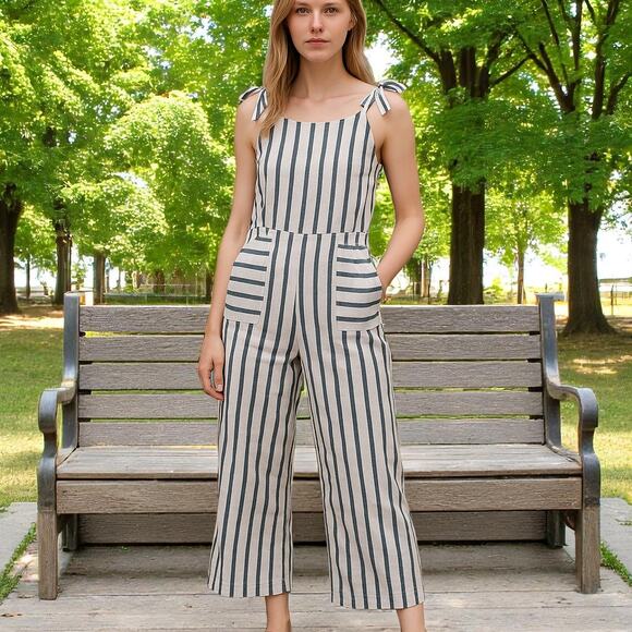 Monteau Los Angeles Cropped Jumpsuit Striped Smocked Linen Cotton Size PM - Picture 1 of 9